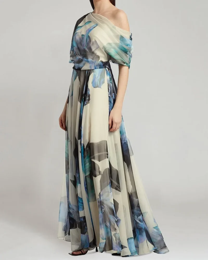 Exclusive Print Chiffon Dress Elegant Diagonal Neckline Style Statement