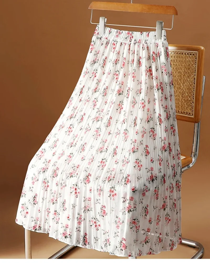 Floral Print A-line Pleated Elastic Waist Holiday Midi Skirt Fashion