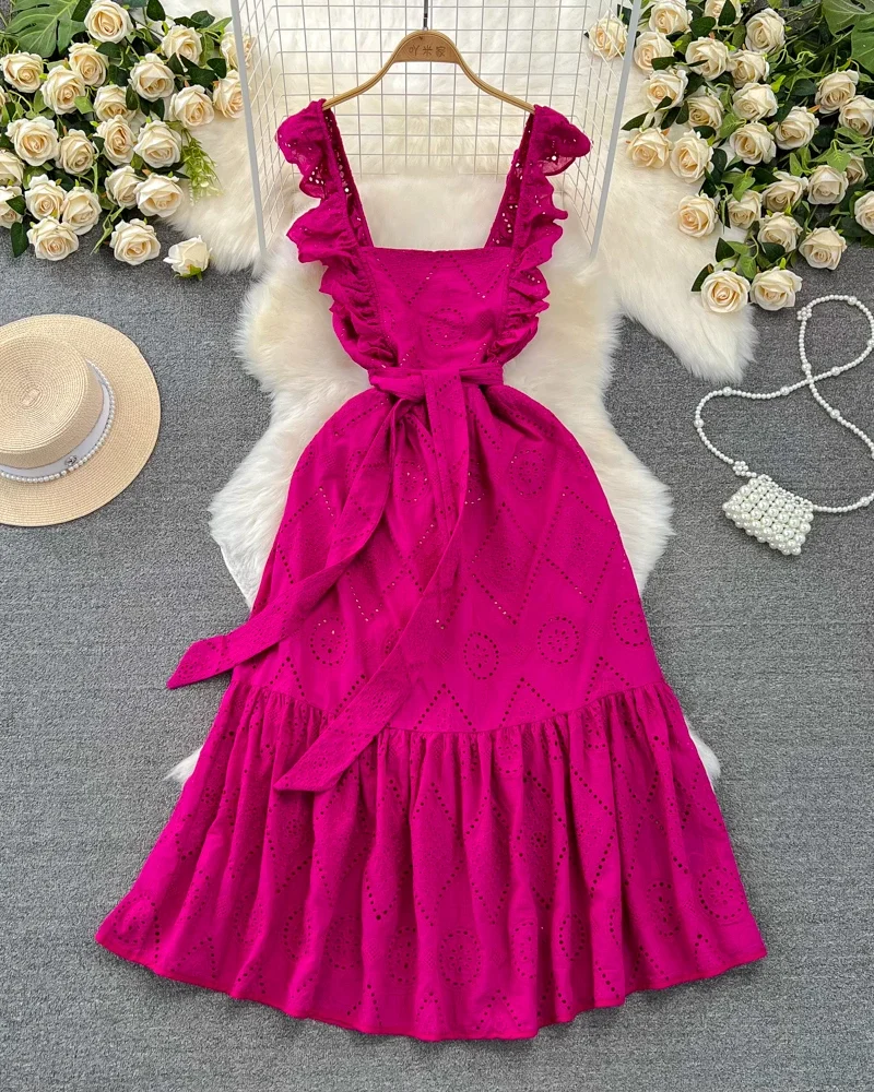 Flying Sleeve Crochet Hollow Out Dress for Women A-line Backless