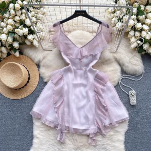 Flying Sleeve Ruffles Patchwork Chic Elegant Mini Dress Women