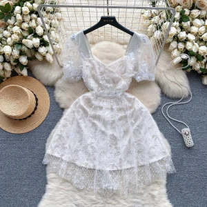 Frenchic Mesh Dress Women Sequined Square Collar Puff Sleeve