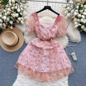 Frenchic Mesh Dress Women Sequined Square Collar Puff Sleeve - Image 4