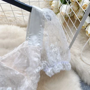 Frenchic Mesh Dress Women Sequined Square Collar Puff Sleeve - Image 3