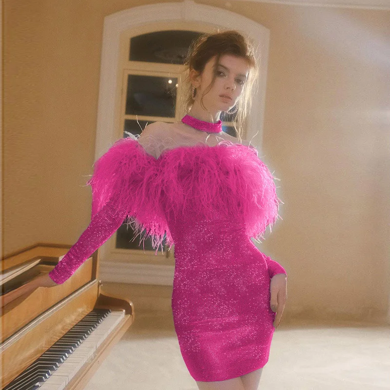 Glamorous Sequin Feather trimmed Dress Off Shoulder Bodycon for Special Occasions