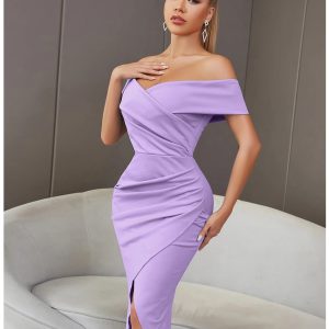High Fashion Sleeveless Evening Midi Dress Off Shoulder Draped Style