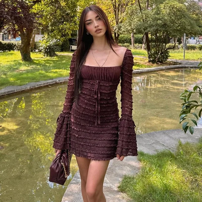 Layered Ruffle Lace Flare Sleeve Vintage Backless Bodycon Prom Party Mini Dress