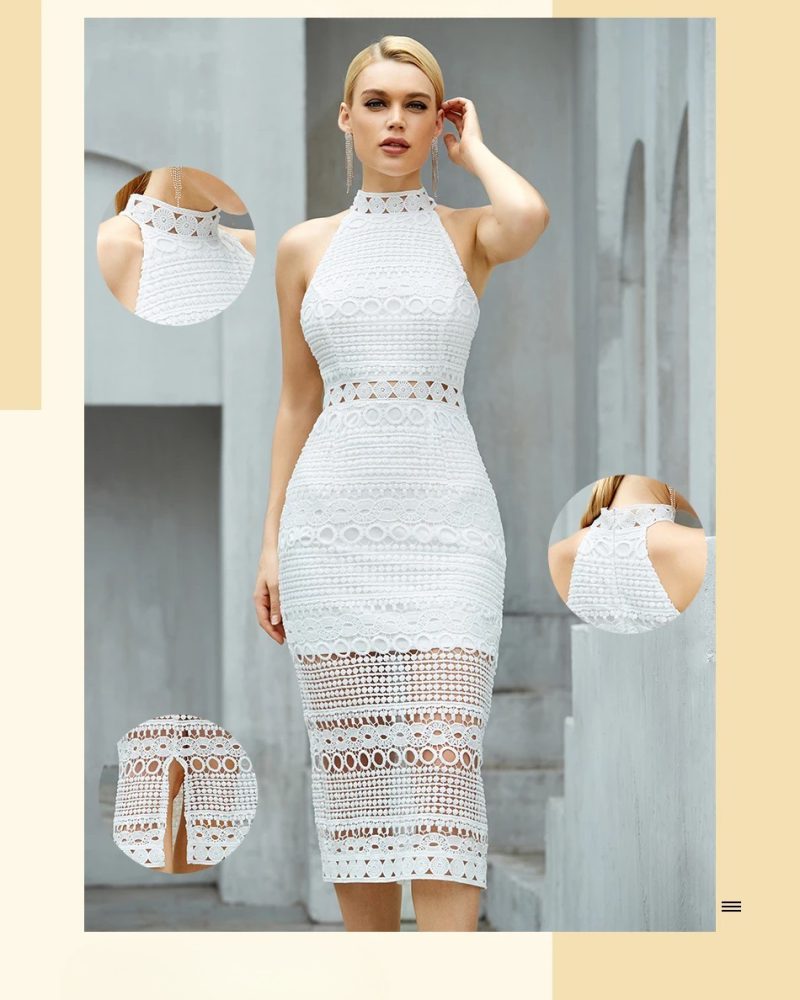 Luxurious Dress with Lace Accents - Sleeveless Halter Neck Design