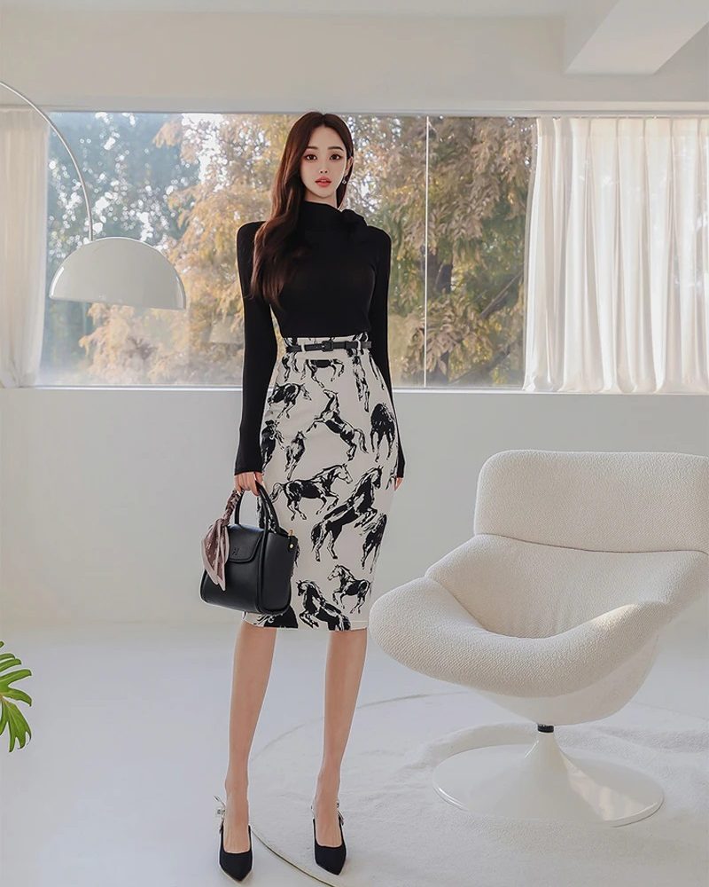 Modern Elegance Sleek O-Neck Knit Pullover with Coordinating Skirt Set