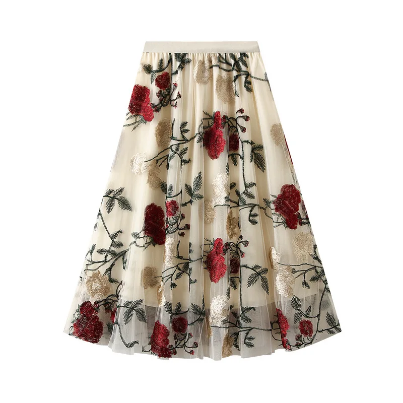 Retro Elegant Sweet Embroidery Flower Party Fairy Bohemian Midi Skirt