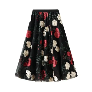 Retro Elegant Sweet Embroidery Flower Party Fairy Bohemian Midi Skirt - Image 2