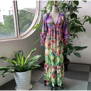Stunning Lantern Sleeve V-Neck Maxi Dress Elegant Printed Long Dress - Image 2