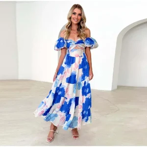 Stylish Casual Tie-Dye Print Maxi Dress with V-Neck and Batwing Sleeves - Image 4