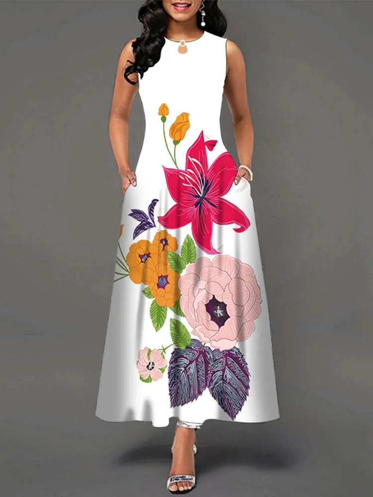 Summer Boho Long Dresses Elegant Casual Floral Print Beach Party Maxi Dress