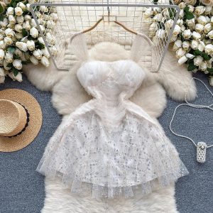Sweet Puffy Dress Women Lace Mesh Patchwork Spaghetti Strap Female Elegant Dresses - Image 2