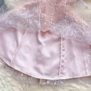 Sweet Puffy Dress Women Lace Mesh Patchwork Spaghetti Strap Female Elegant Dresses - Image 3