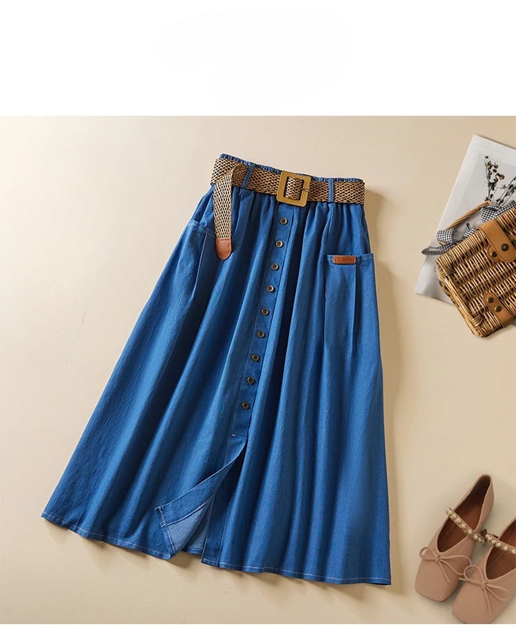 Timeless Denim Skirt  A-Line Knee-Length with Lace-Up Belt for All-Seasons Fashion