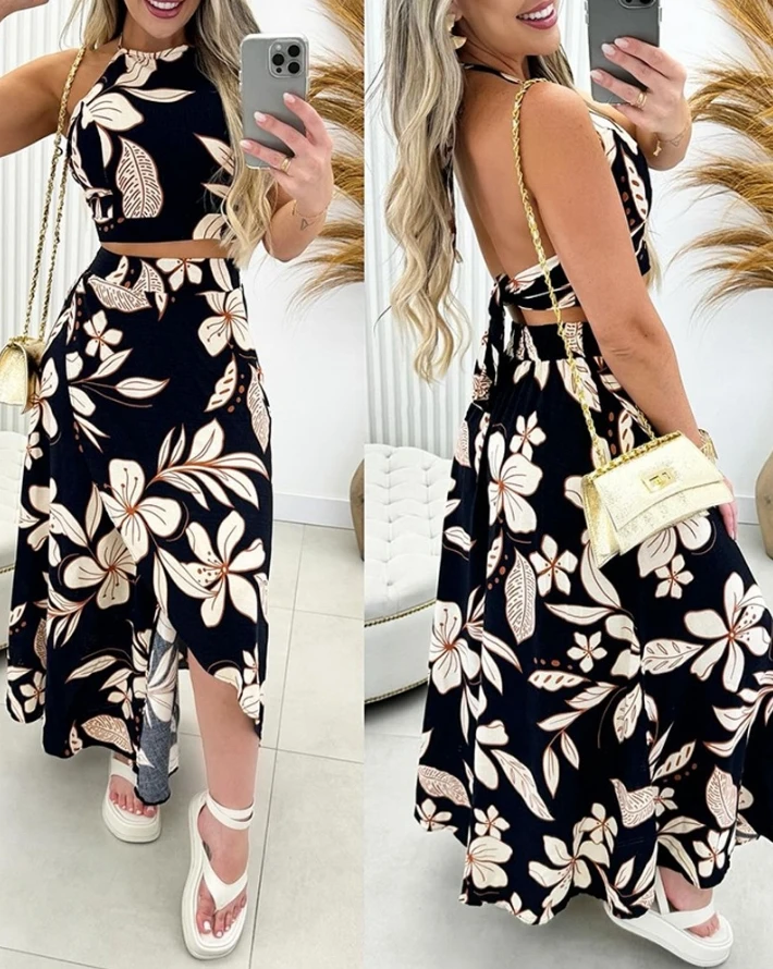 Two Piece Set Women Outfit Summer Floral Print Halter Backless Tied Detail Top & Casual Beach Vacation Maxi Slit Skirt Set