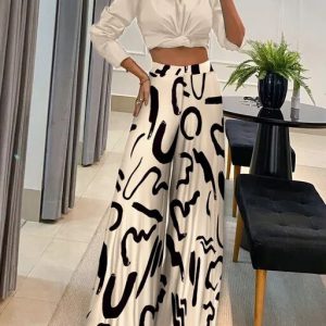 Two Piece Sets Women's Outfits Autumn Fashion Street Trendy Solid Color Short Shirt & Casual High Waist Wide Leg Pants Suit