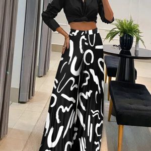 Two Piece Sets Women's Outfits Autumn Fashion Street Trendy Solid Color Short Shirt & Casual High Waist Wide Leg Pants Suit - Image 2