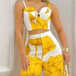 Two Piece Sets Women's Outfits Spring Fashion Plants Print Sleeveless Crop Cami Top & Casual Wide Leg Vacation Pants Set - Image 2