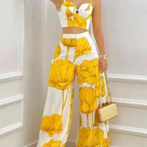 Two Piece Sets Women's Outfits Spring Fashion Plants Print Sleeveless Crop Cami Top & Casual Wide Leg Vacation Pants Set - Image 3