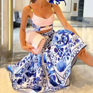 Two Piece Sets Women's Outfits Summer Fashion Fashion Floral Print V-Neck Sleeveless Tank Top & Casual High Waist Skirt Set - Image 2