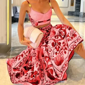 Two Piece Sets Women's Outfits Summer Fashion Fashion Floral Print V-Neck Sleeveless Tank Top & Casual High Waist Skirt Set