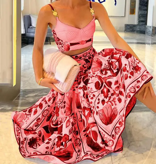Two Piece Sets Women's Outfits Summer Fashion Fashion Floral Print V-Neck Sleeveless Tank Top & Casual High Waist Skirt Set