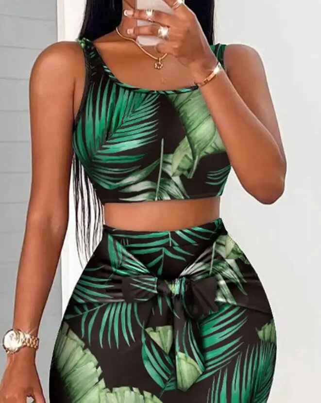 Two Piece Sets Women's Outfits  Summer Fashion Palm Leaf Print U-Neck Sleeveless Crop Tank Top & Tied Detail Midi Skirt Set