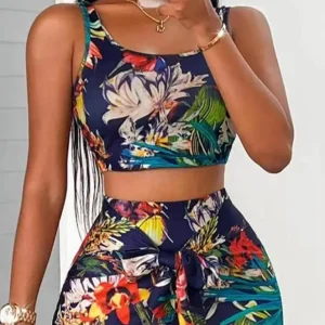 Two Piece Sets Women's Outfits  Summer Fashion Palm Leaf Print U-Neck Sleeveless Crop Tank Top & Tied Detail Midi Skirt Set - Image 4