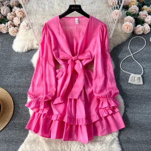 V-neck Lantern Sleeve Lace-up Ruffles Patchwork Female Knee-length Cake Dresses - Image 5