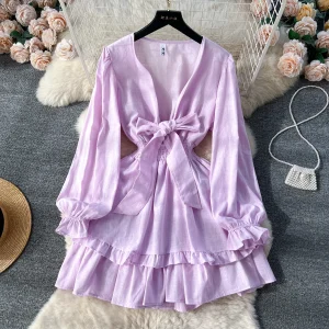 V-neck Lantern Sleeve Lace-up Ruffles Patchwork Female Knee-length Cake Dresses - Image 4