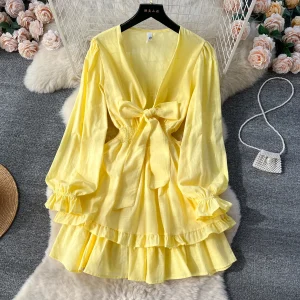 V-neck Lantern Sleeve Lace-up Ruffles Patchwork Female Knee-length Cake Dresses - Image 3
