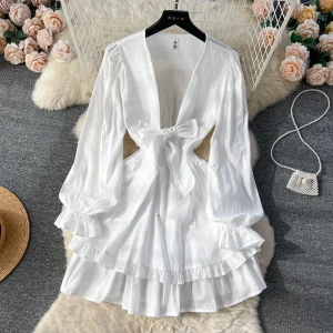 V-neck Lantern Sleeve Lace-up Ruffles Patchwork Female Knee-length Cake Dresses - Image 2