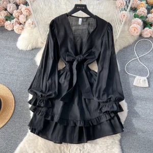 V-neck Lantern Sleeve Lace-up Ruffles Patchwork Female Knee-length Cake Dresses