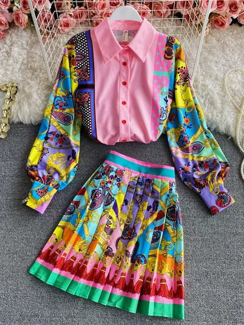 Fashion Luxury Print Shirt Top + Pleated Mini Skirt  2 Piece Sets