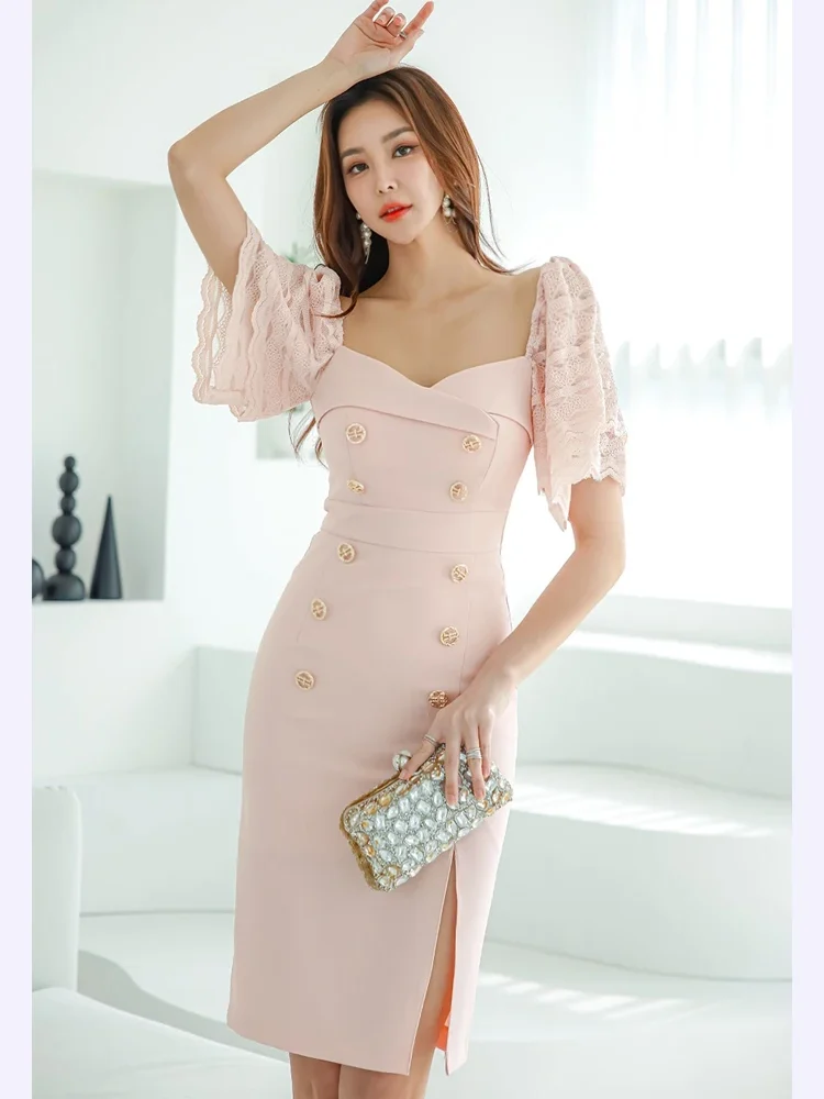Double-Breasted Lace Splicing Casual Party Vestidos Bodycon Pencil Dress