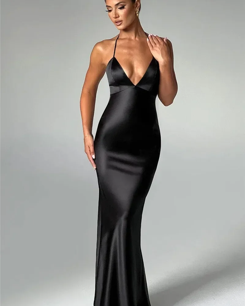 Elegant Backless Maxi Dress Spaghetti Strap Sleeveless Bodycon Club Party Long Dress