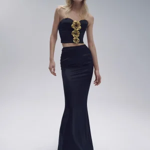 Elegant Blossom Adorned Crop Top and High-Waist Pencil Skirt Ensemble