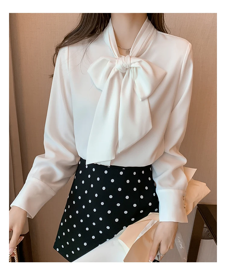 Elegant Office Lady Chiffon Blouse with Tie-Neck Detail Long Sleeve OL Style
