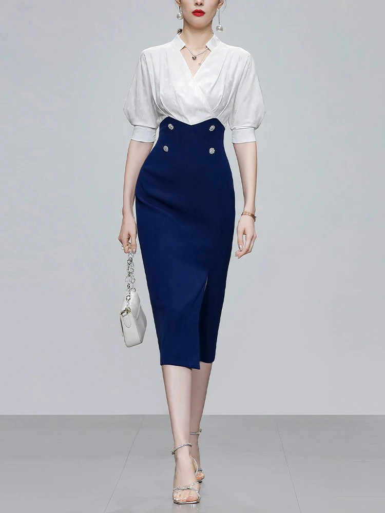 Elegant Pencil Dress with Slit Modern Contrast Color Ideal for Business Casual