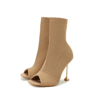 Eleganza Nylon Peeps: Mid-Calf Stretch Boots with Super High Heels