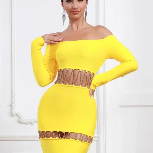 Exquisite Yellow Party Dress Off-Shoulder Long Sleeve Design for Refined Style