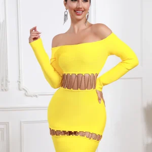 Exquisite Yellow Party Dress Off-Shoulder Long Sleeve Design for Refined Style - Image 2