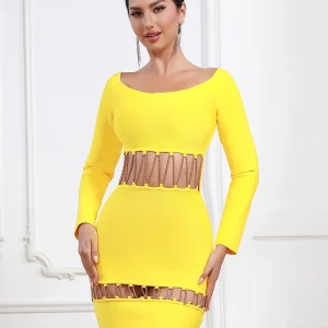 Exquisite Yellow Party Dress Off-Shoulder Long Sleeve Design for Refined Style - Image 3
