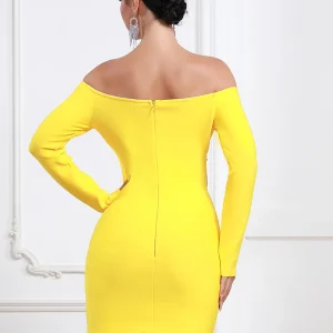 Exquisite Yellow Party Dress Off-Shoulder Long Sleeve Design for Refined Style - Image 4