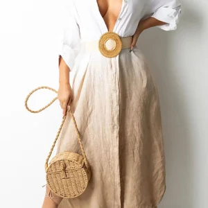 Fashion Casual Gradient Turnover Collar Split Long Sleeves Midi Dresses - Image 3