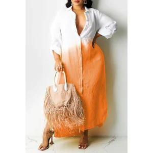 Fashion Casual Gradient Turnover Collar Split Long Sleeves Midi Dresses
