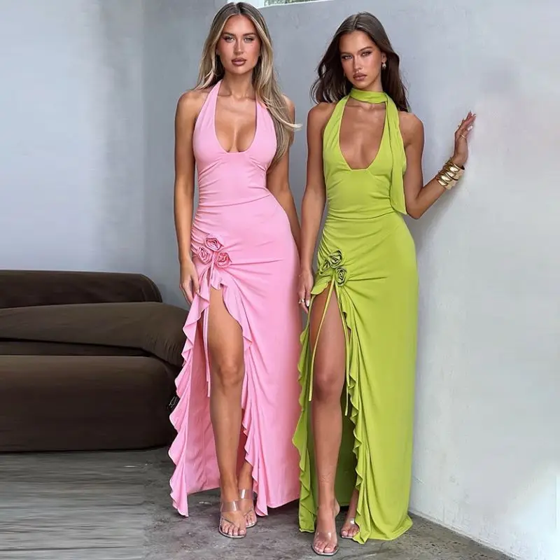 Fashion Floral Applique Halter Maxi Dress Club Party Fairy Outfits Split Long Dresses