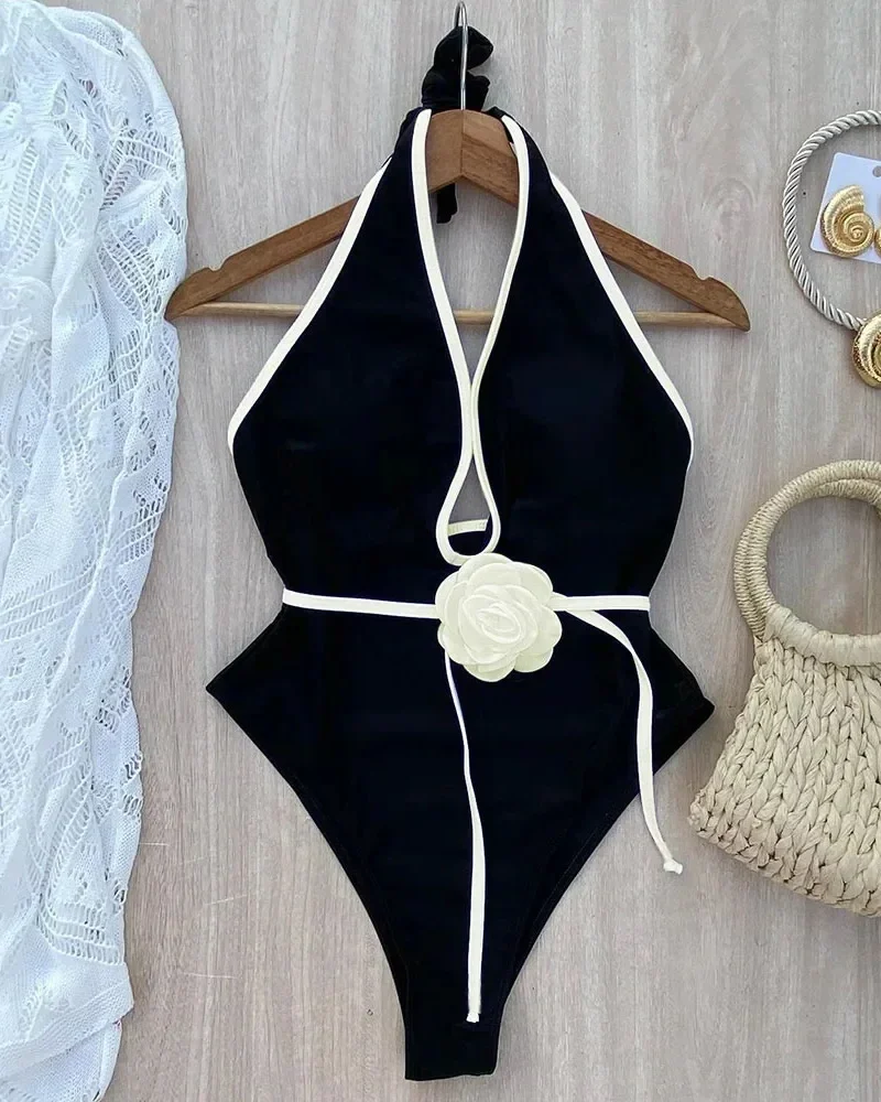Floral One Piece Swimsuit Halter Bandage Bathing Suit Beachwear